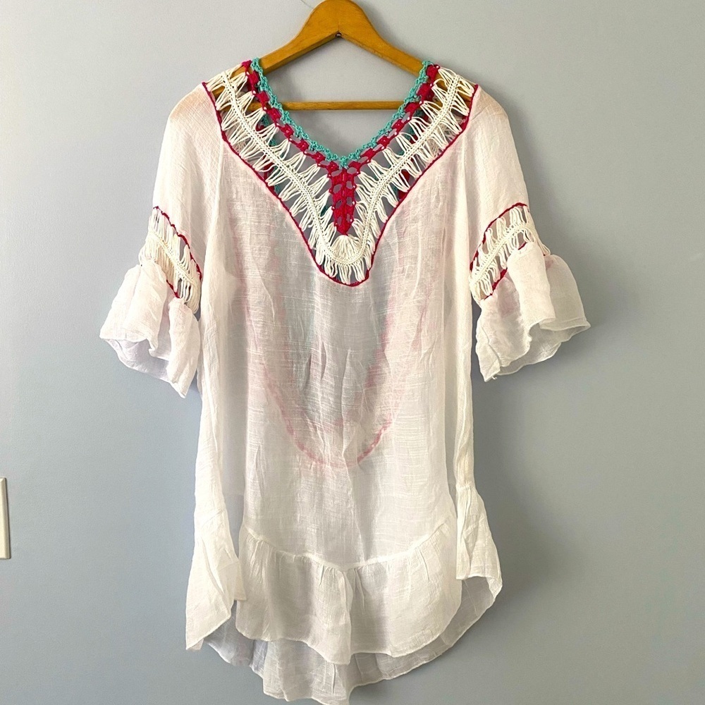 NWT Moda Bell Sleeve Ruffle Hem Beach Coverup One Size Low Back Boho Festival